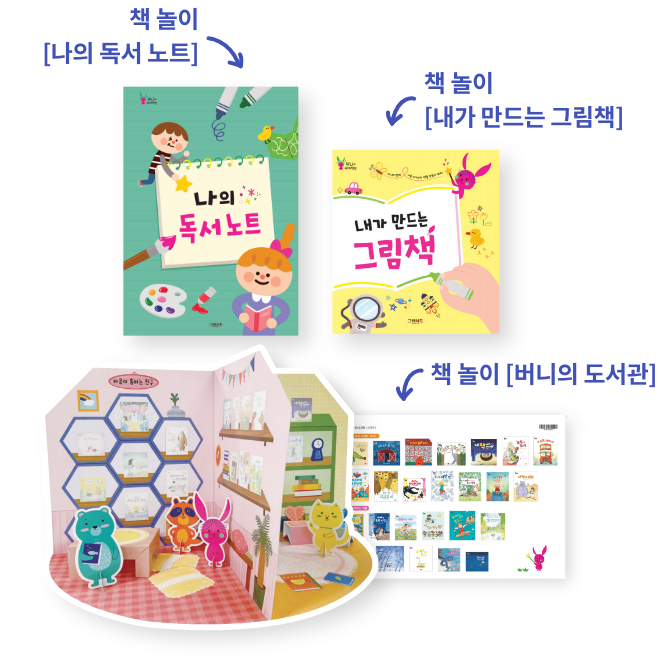 음원책 <버니의 Sound Book>, 종합 스티커 모음 <버니의 Sticker Book>, 책 놀이 3종 세트 <나의 독서 노트> <내가 만드는 그림책> <버니의 도서관>