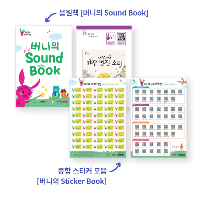음원책 <버니의 Sound Book>, 종합 스티커 모음 <버니의 Sticker Book>, 책 놀이 3종 세트 <나의 독서 노트> <내가 만드는 그림책> <버니의 도서관>