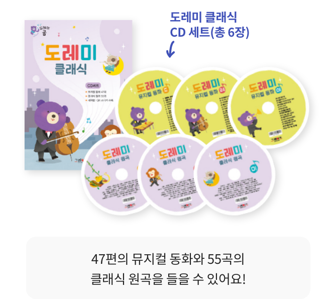 음원책 <도레미북>, 세이펜 스티커 3장(구연동화 49편 + 뮤지컬 동화 47편 제공), 뮤지컬 동화 QR 스티커 1장,  도레미 클래식 CD 세트(뮤지컬 동화 3장 + 클래식 연주곡 3장), 독서기록 세트(기록판 + 스티커 1장)