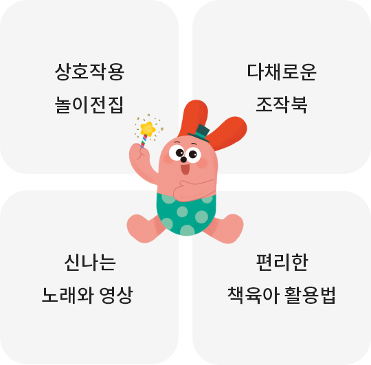 상호작용 놀이전집, 다채로운 조작북, 신나는 노래율동 콘텐츠, 편리한 책육아 활용법